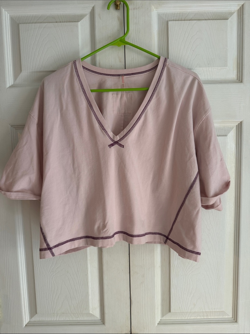 Free People Light Pink Cropped V-Neck Top with Contrast Stitching